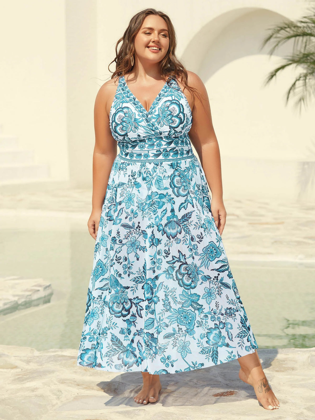 Two-Piece Floral Print Ruched Mesh Swimsuit